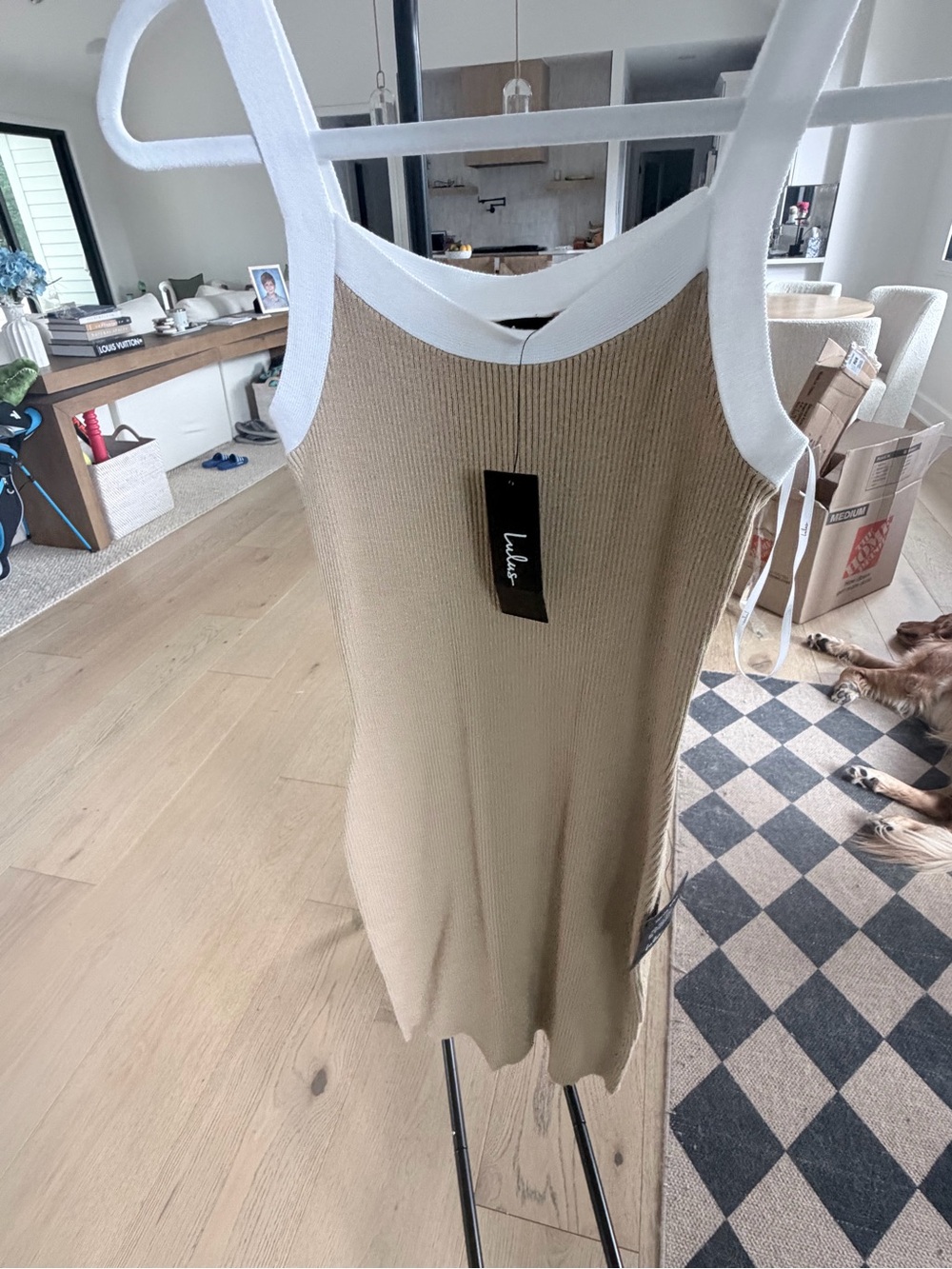 Lulus NWT Tan Ribbed Tank Dress with White Trim